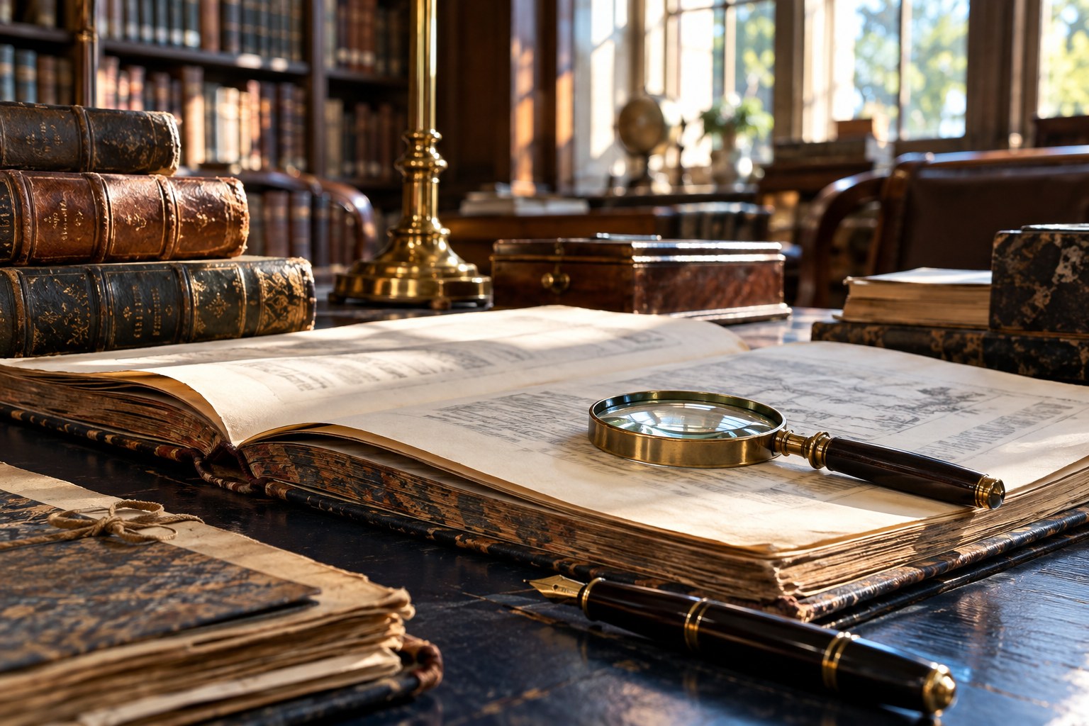 Illustrative study desk and historical records