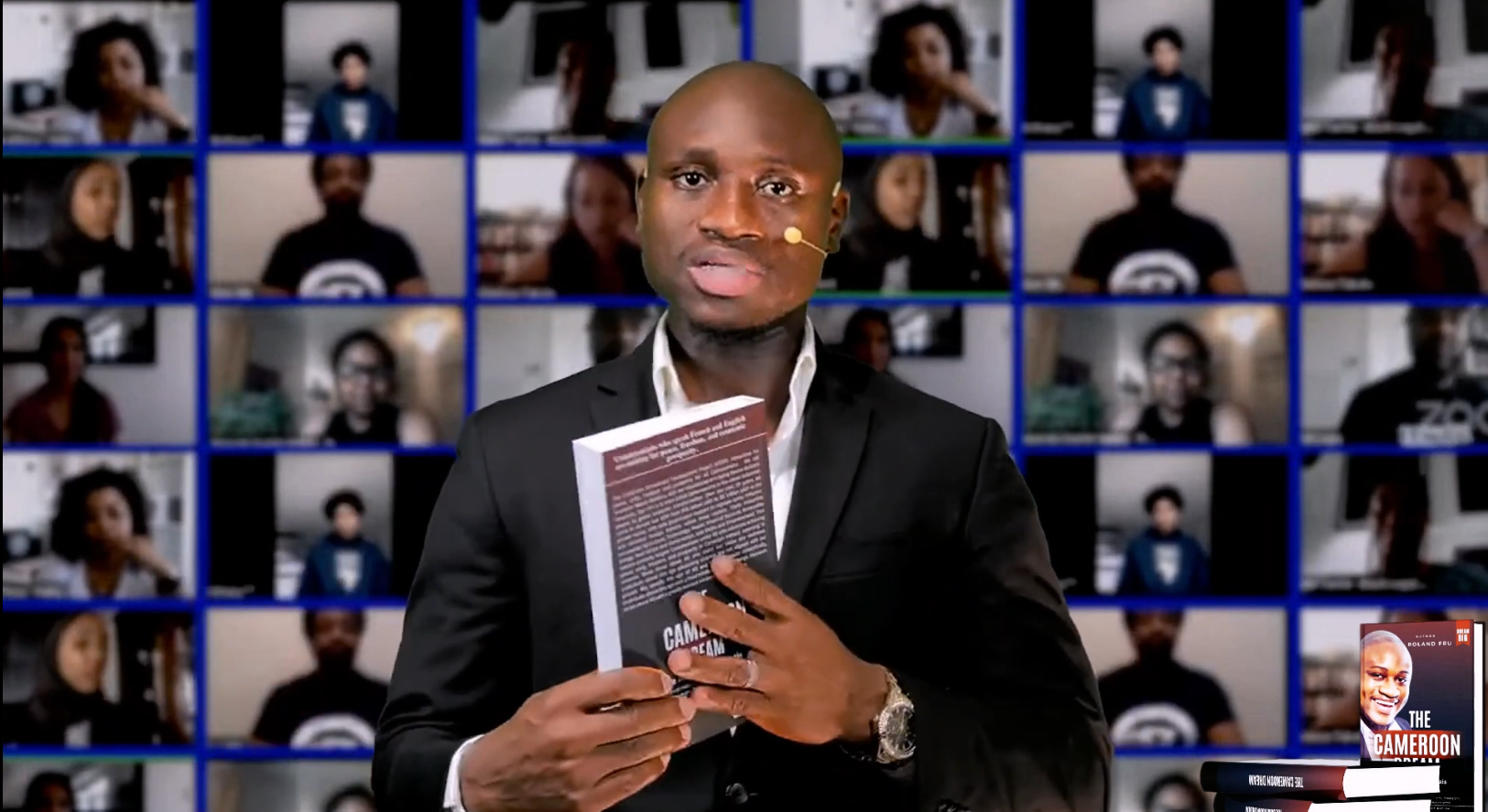 Roland Fru presenting The Cameroon Dream at its book launch, as identified by the author. Supplied video still; the event date and venue are not specified.