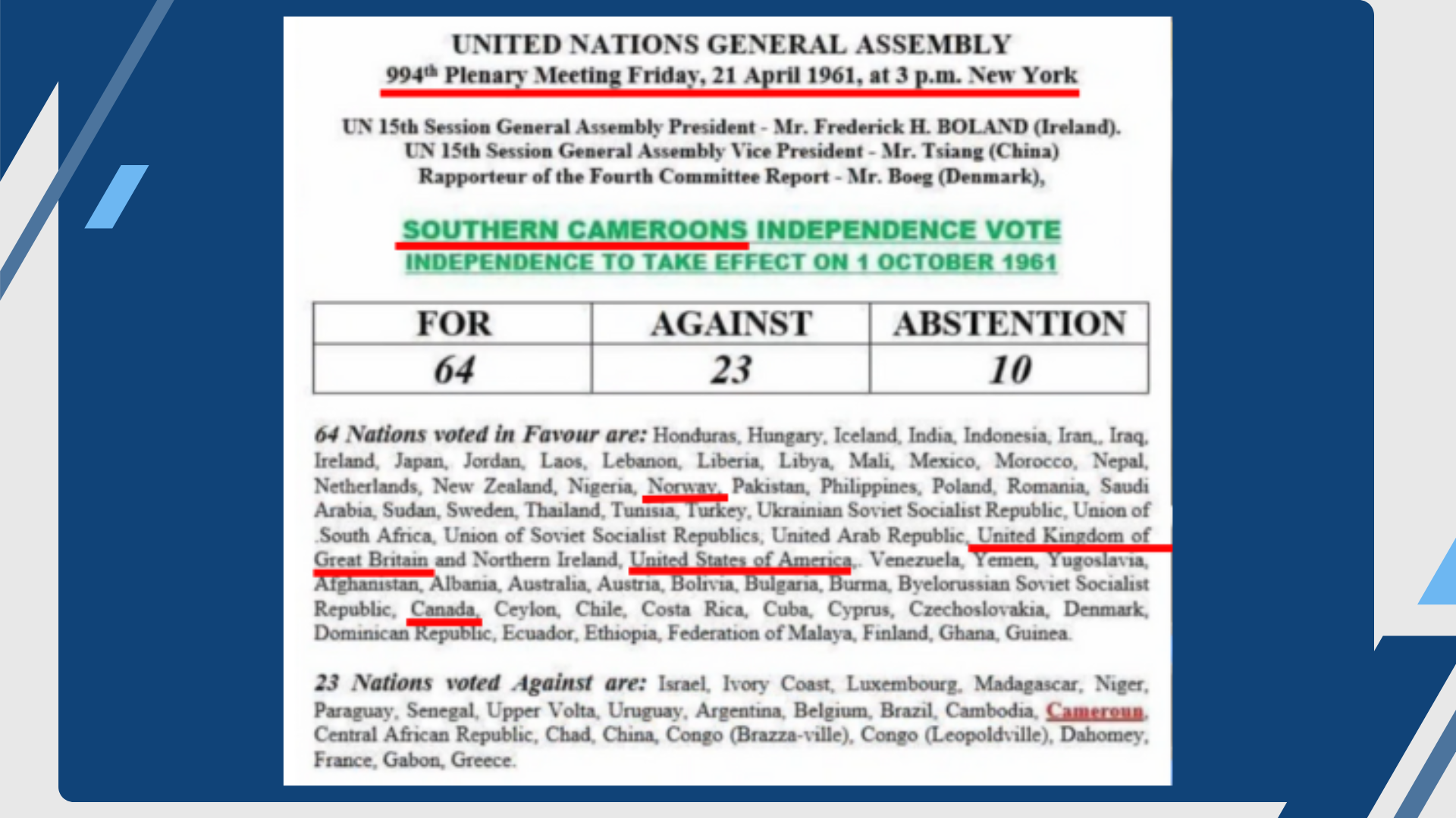 Supplied annotated voting record: 64 for, 23 against, 10 abstentions