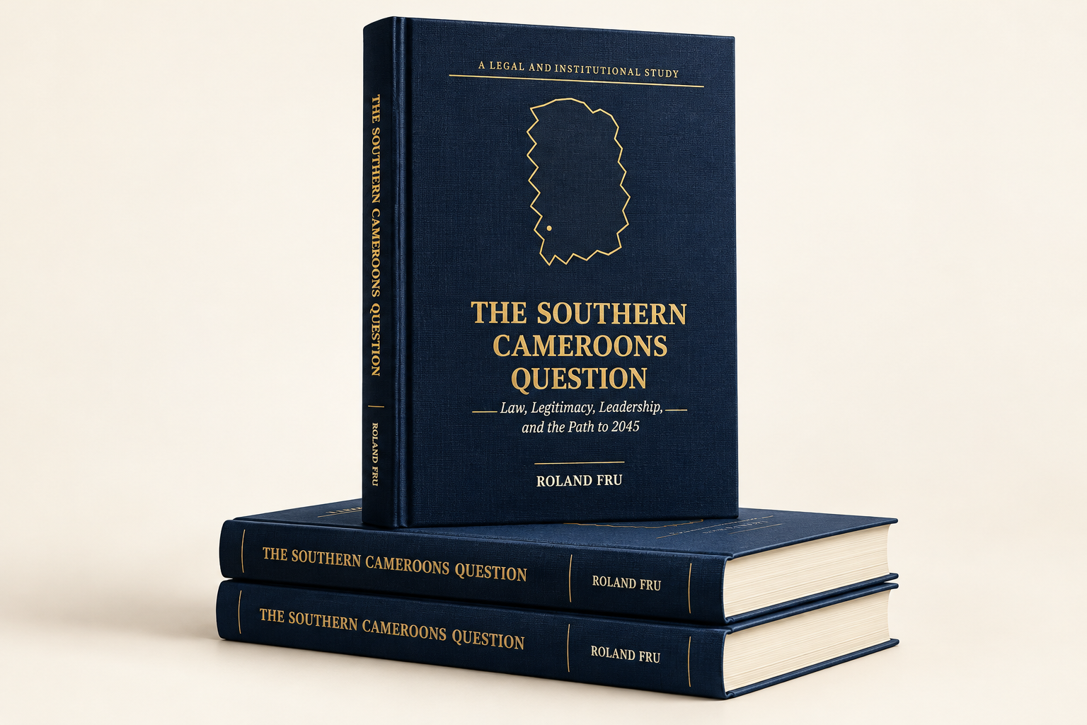 Three-dimensional promotional mockup of The Southern Cameroons Question: one upright navy-and-gold book above two stacked copies